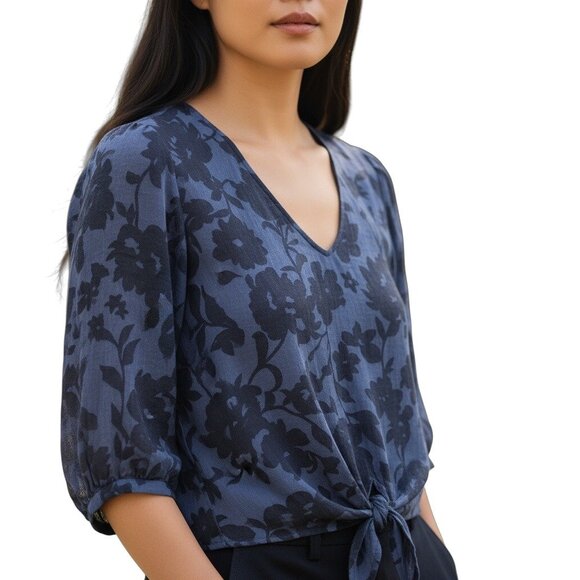 Olivia & Martin Womens Floral Sheer Tie-Front Blouse V-Neck 3/4 Sleeves Lightwei - Picture 1 of 9